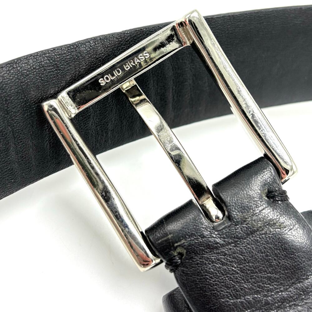 Black Leather Belt Silver Solid Brass Buckle Size… - image 2